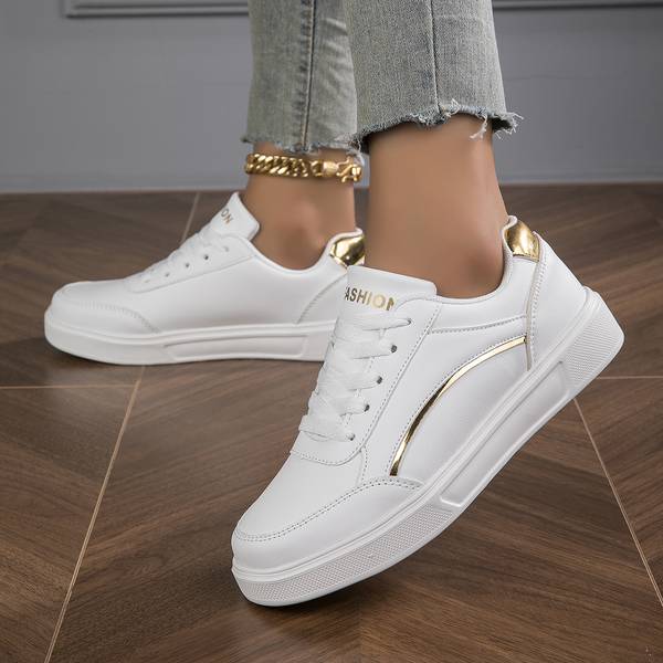 White Women's Sneakers with Metallic Accents – Stylish Slip-On PU Leather Sneakers for All-Day Comfort 5