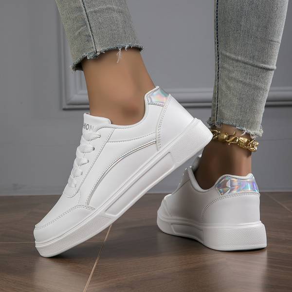 White Women's Sneakers with Metallic Accents – Stylish Slip-On PU Leather Sneakers for All-Day Comfort 6