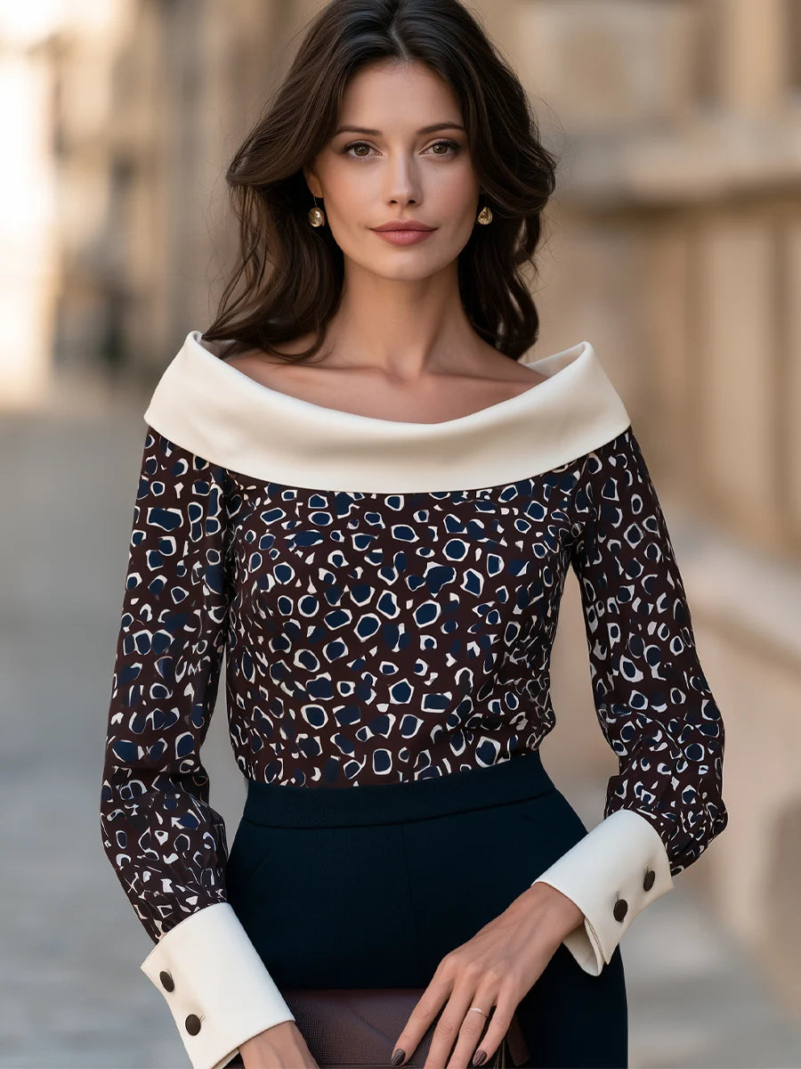 Women's Contrast Fold-Collar Printed Blouse in Chocolate – Product view | Hensley London