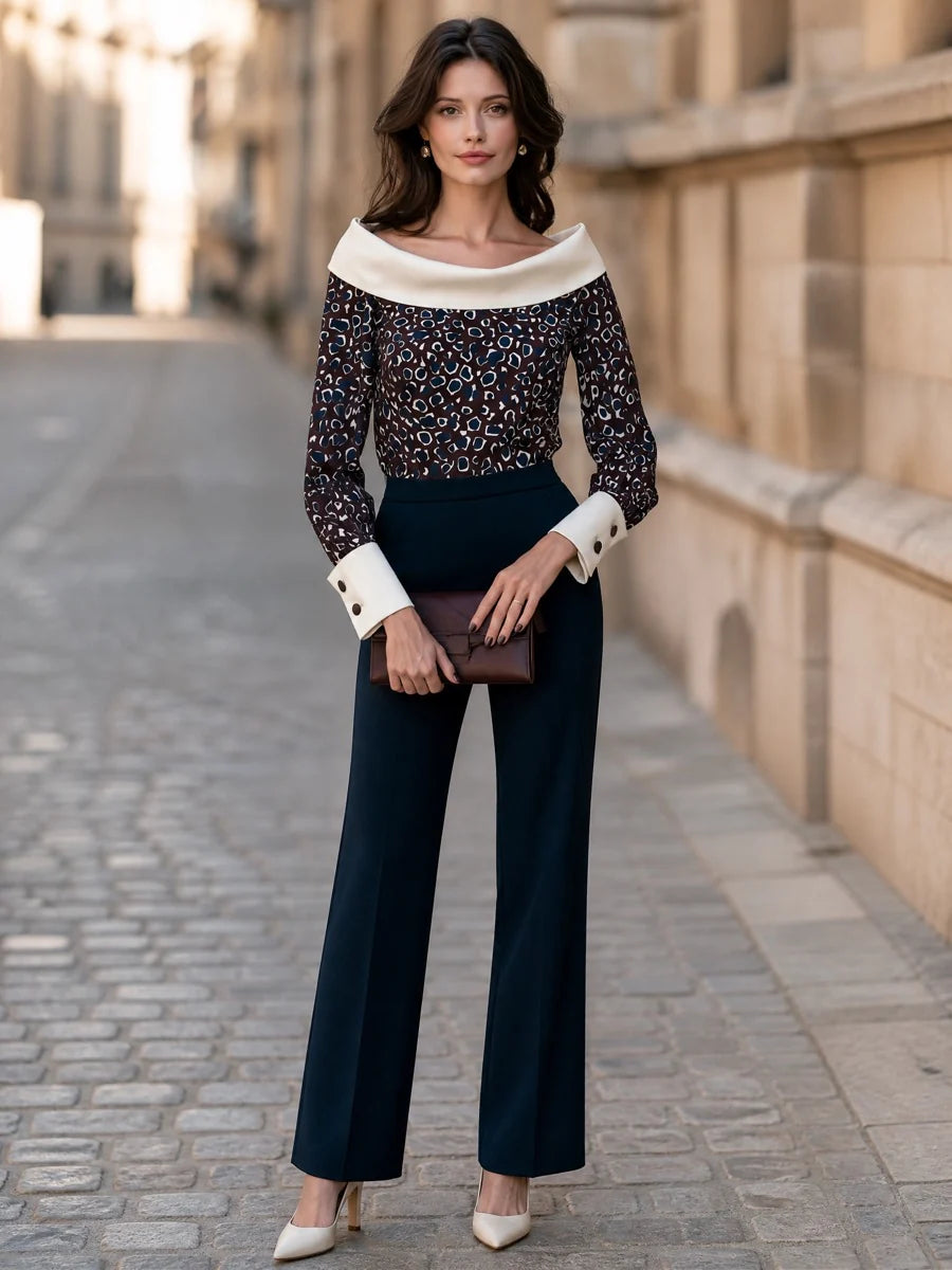 Women's Contrast Fold-Collar Printed Blouse in Chocolate – Product view | Hensley London