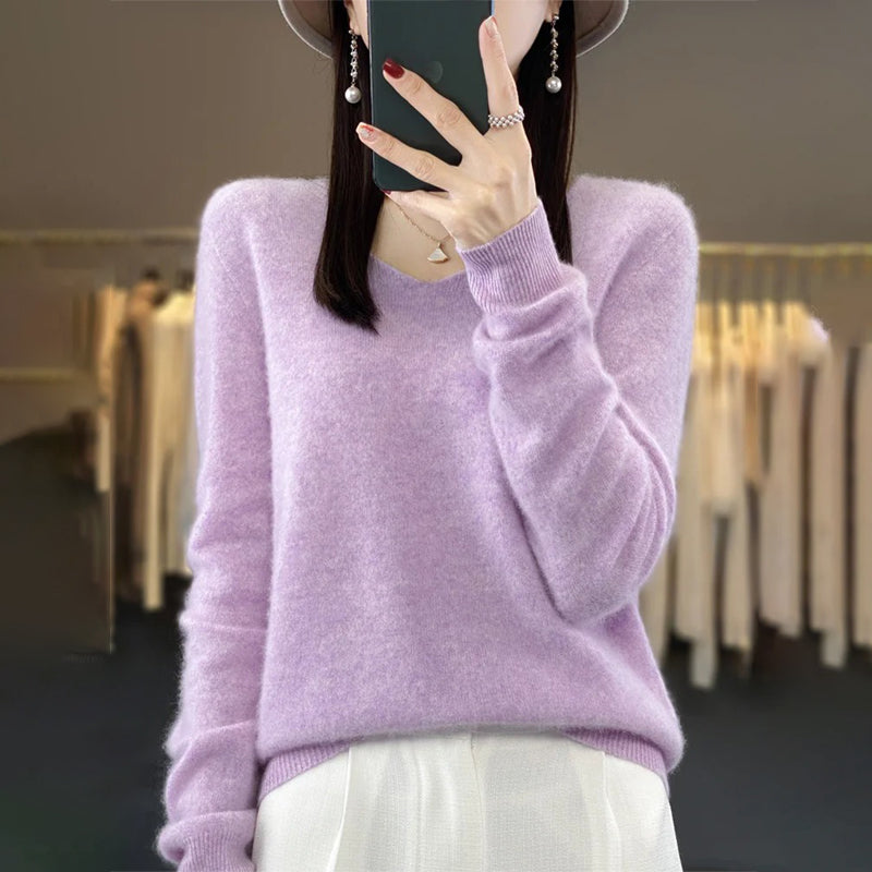 Winter Fashion V-Neck Long Sleeve Wool Sweater for Women 0