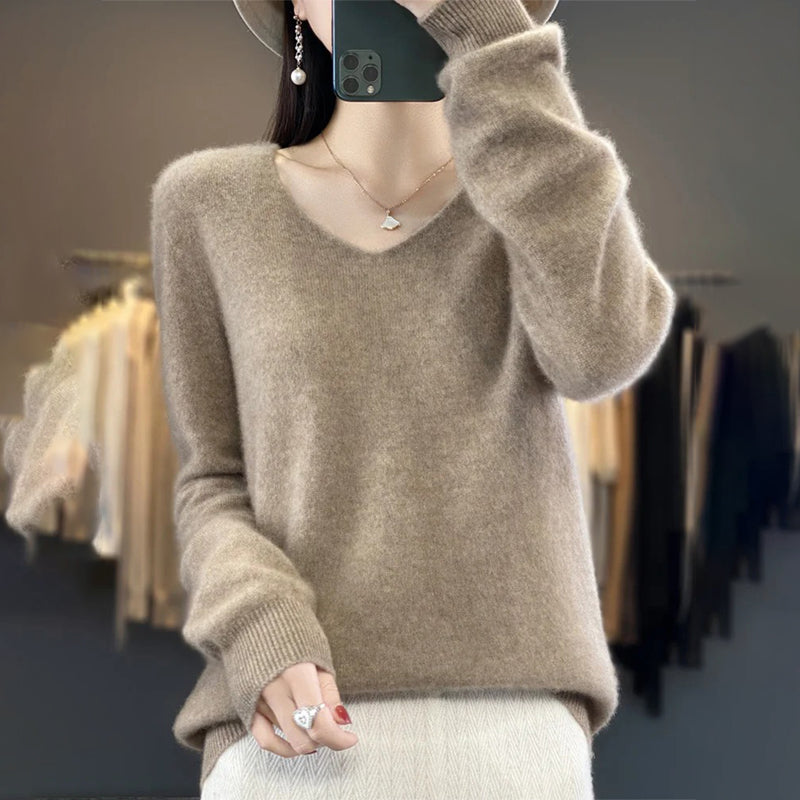 Winter Fashion V-Neck Long Sleeve Wool Sweater for Women 10