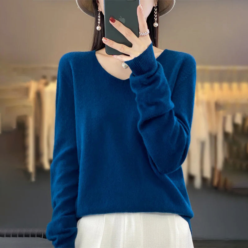 Winter Fashion V-Neck Long Sleeve Wool Sweater for Women 11