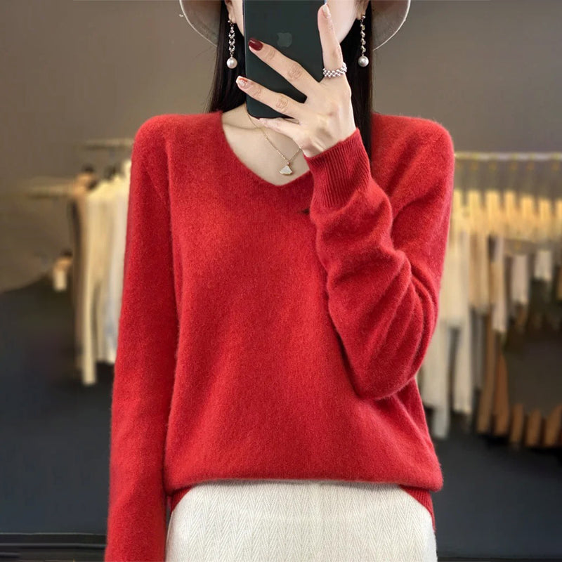 Winter Fashion V-Neck Long Sleeve Wool Sweater for Women 12