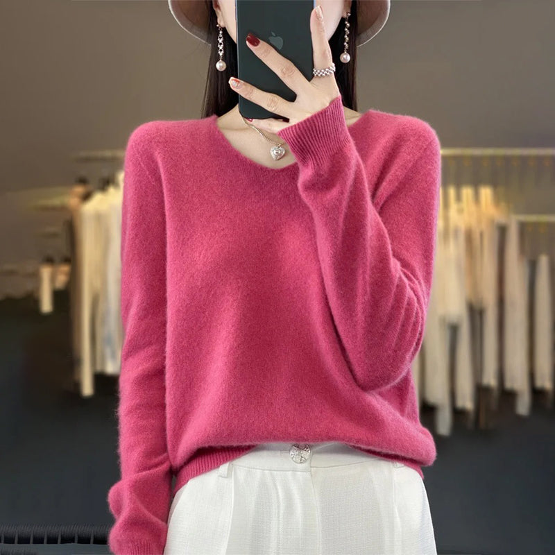 Winter Fashion V-Neck Long Sleeve Wool Sweater for Women 13