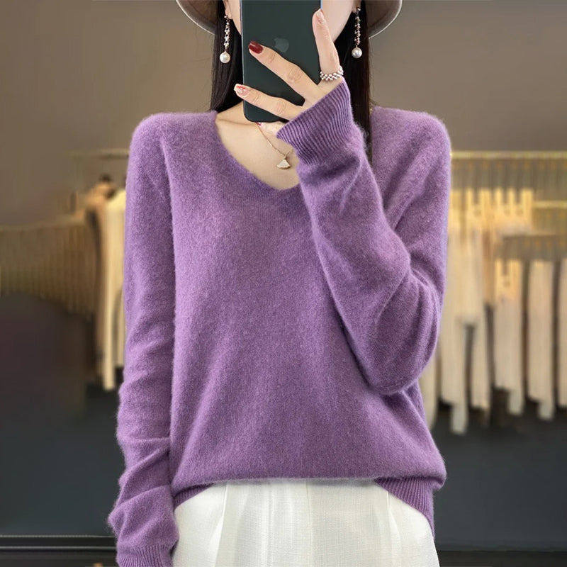 Winter Fashion V-Neck Long Sleeve Wool Sweater for Women 14