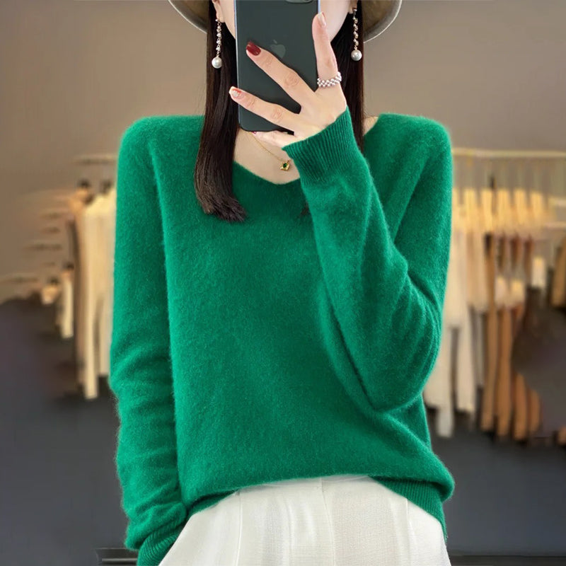 Winter Fashion V-Neck Long Sleeve Wool Sweater for Women 1