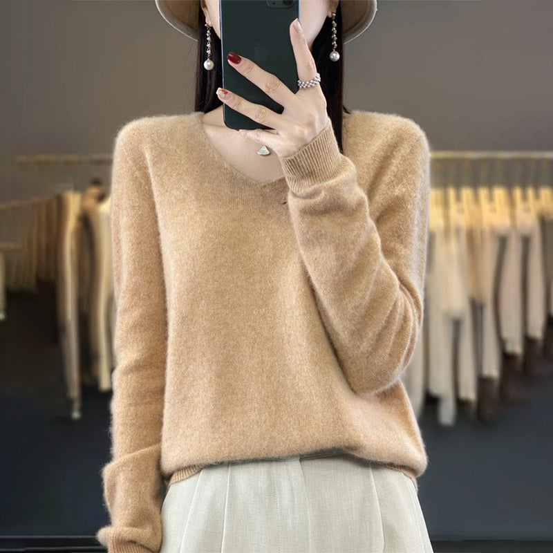 Winter Fashion V-Neck Long Sleeve Wool Sweater for Women 2