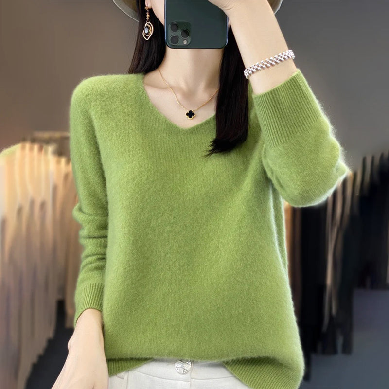 Winter Fashion V-Neck Long Sleeve Wool Sweater for Women 3