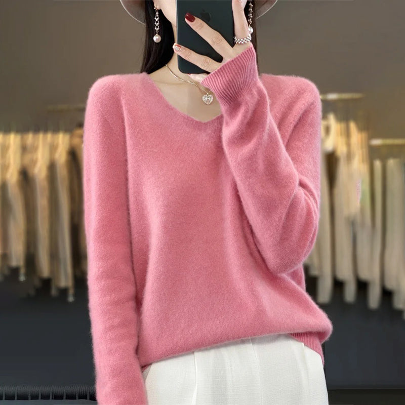 Winter Fashion V-Neck Long Sleeve Wool Sweater for Women 5