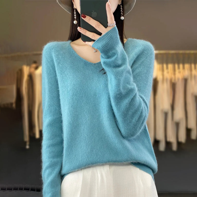 Winter Fashion V-Neck Long Sleeve Wool Sweater for Women 6
