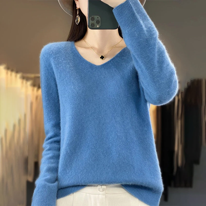 Winter Fashion V-Neck Long Sleeve Wool Sweater for Women 7