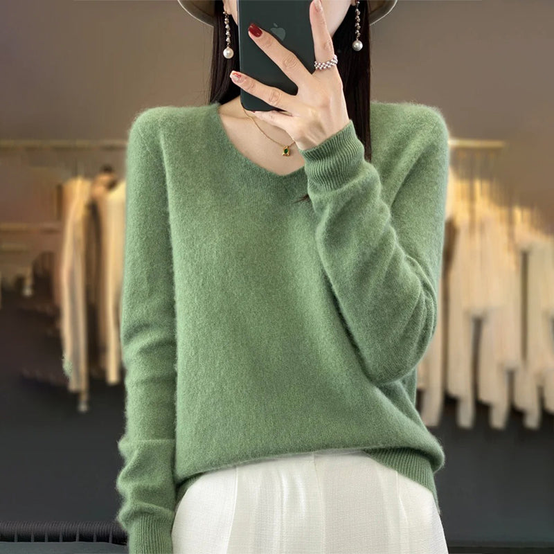Winter Fashion V-Neck Long Sleeve Wool Sweater for Women 9