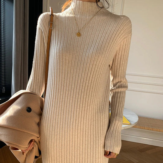 Winter Thick and Straight  Knitted Turtleneck Pullover Maxi Sweater Dresses 0