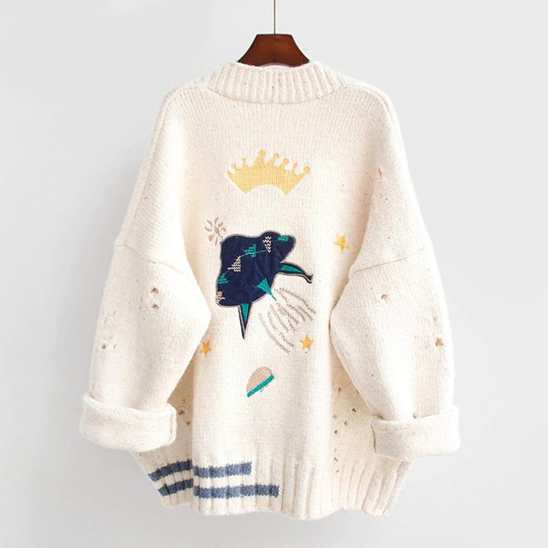 Winter V-Neck Knit Sweater with Crown and UFO Embroidery 2