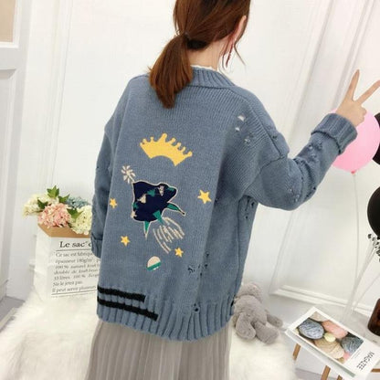 Winter V-Neck Knit Sweater with Crown and UFO Embroidery 8