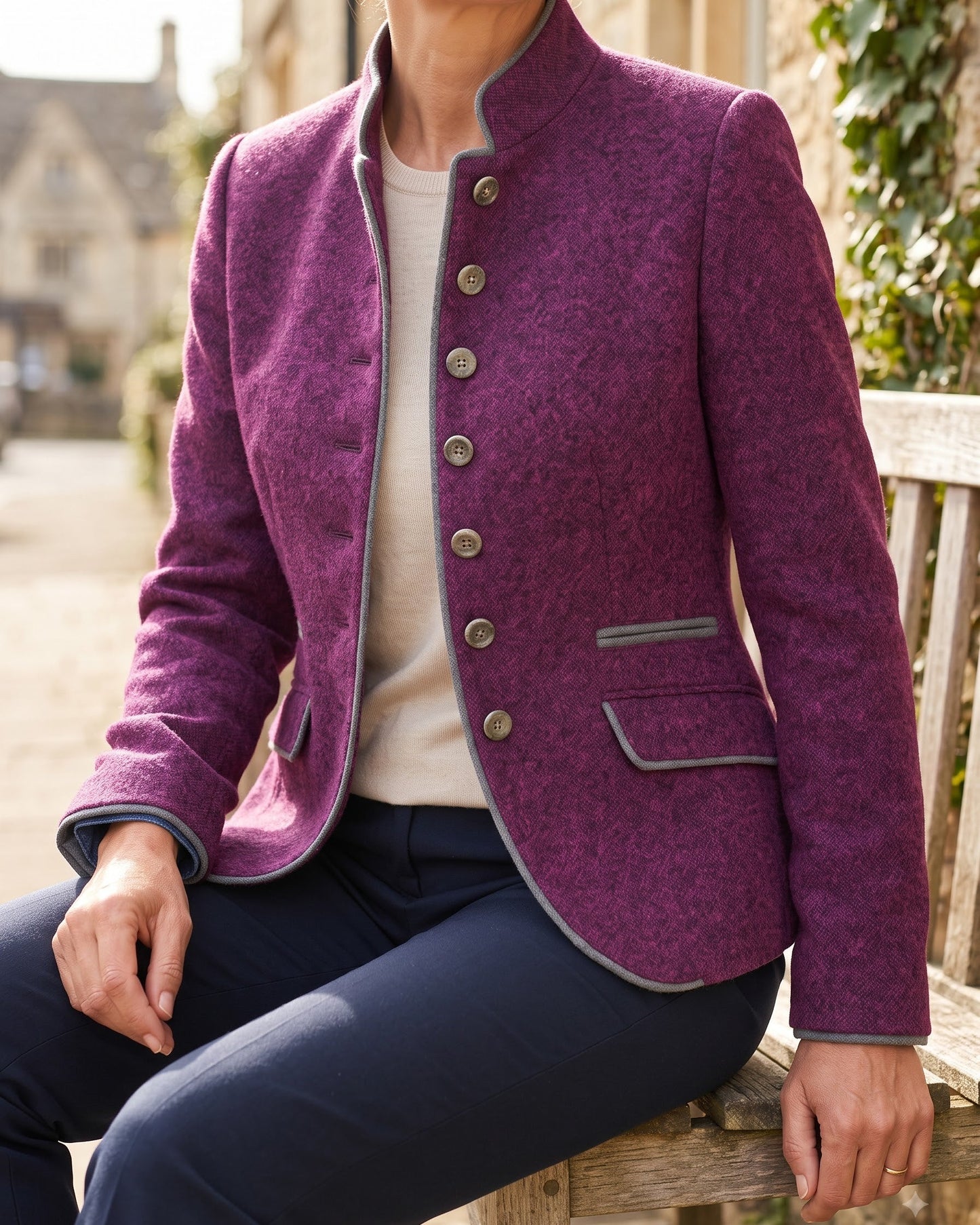 Women's Contrast-Trim Stand-Collar Fitted Jacket in Purple – additional view | Hensley London