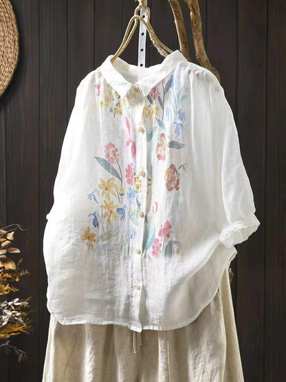 Women's Blouse - Artsy Flower Print, Turn-Down Collar, Half Raglan Sleeves - Brand Name - 1