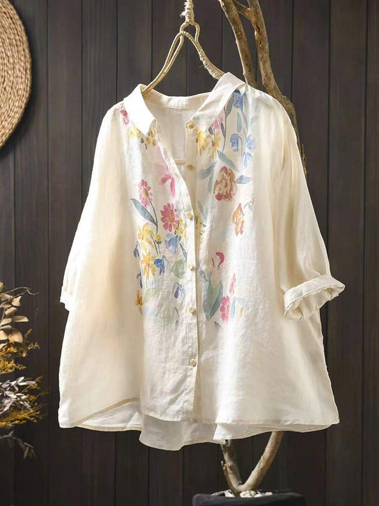Women's Blouse - Artsy Flower Print, Turn-Down Collar, Half Raglan Sleeves - Brand Name - 2