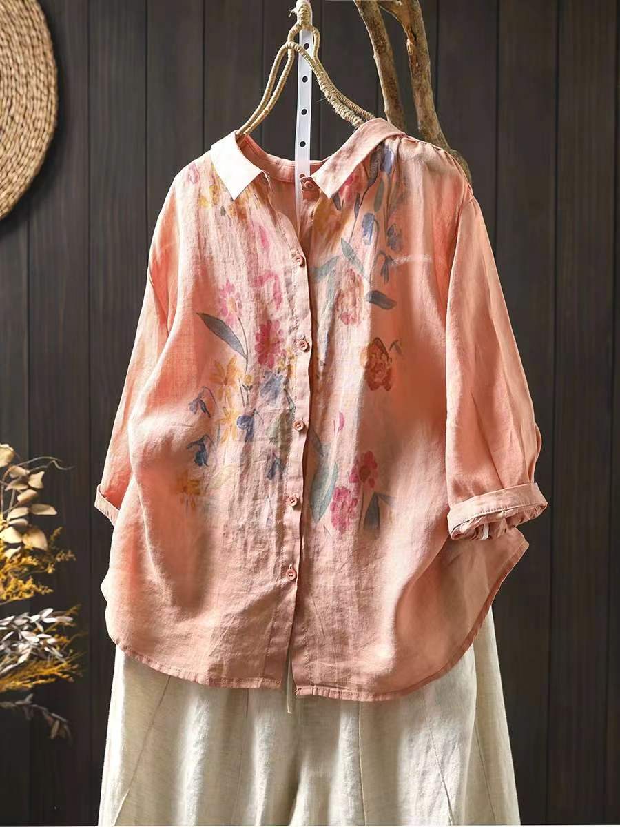 Women's Blouse - Artsy Flower Print, Turn-Down Collar, Half Raglan Sleeves - Brand Name - 3