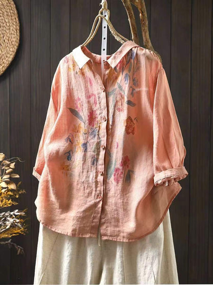 Women's Blouse - Artsy Flower Print, Turn-Down Collar, Half Raglan Sleeves - Brand Name - 3