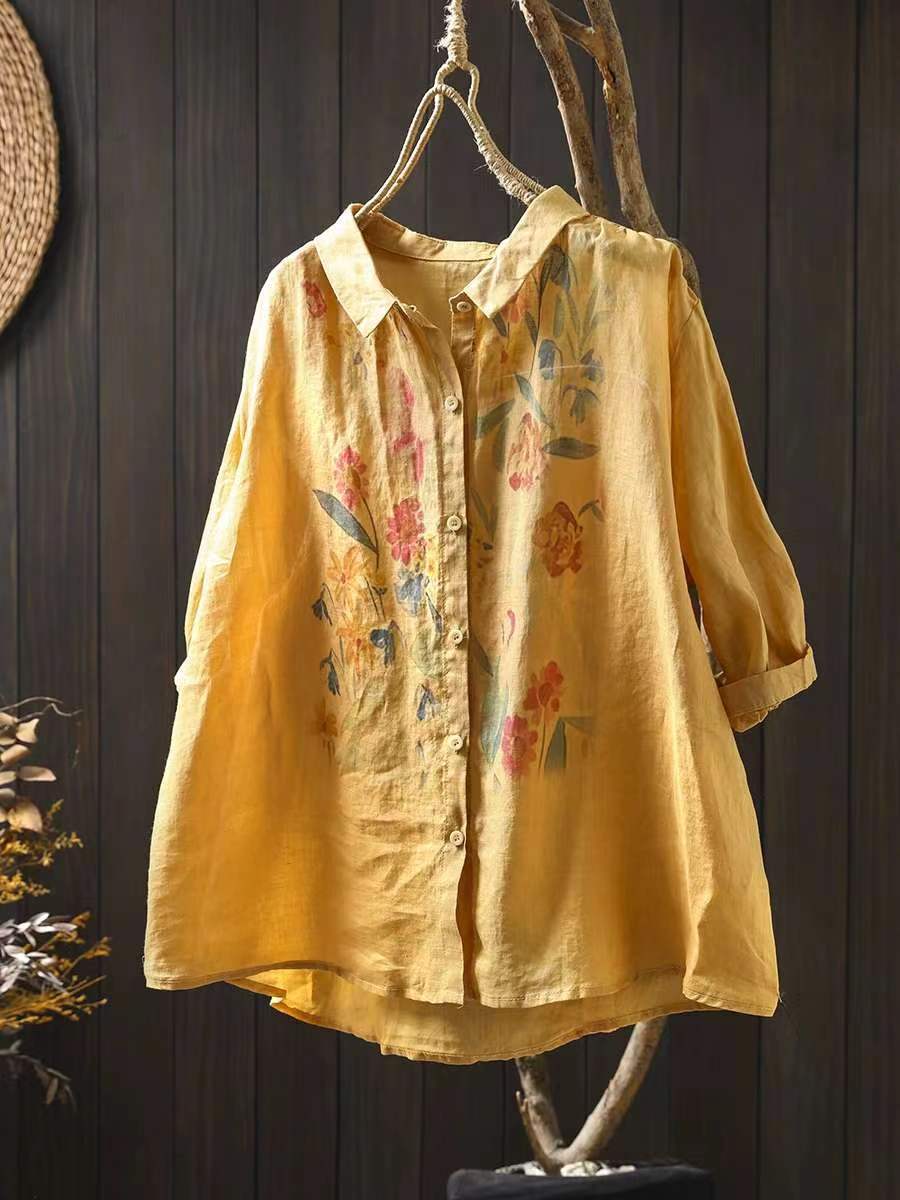 Women's Blouse - Artsy Flower Print, Turn-Down Collar, Half Raglan Sleeves - Brand Name - 4