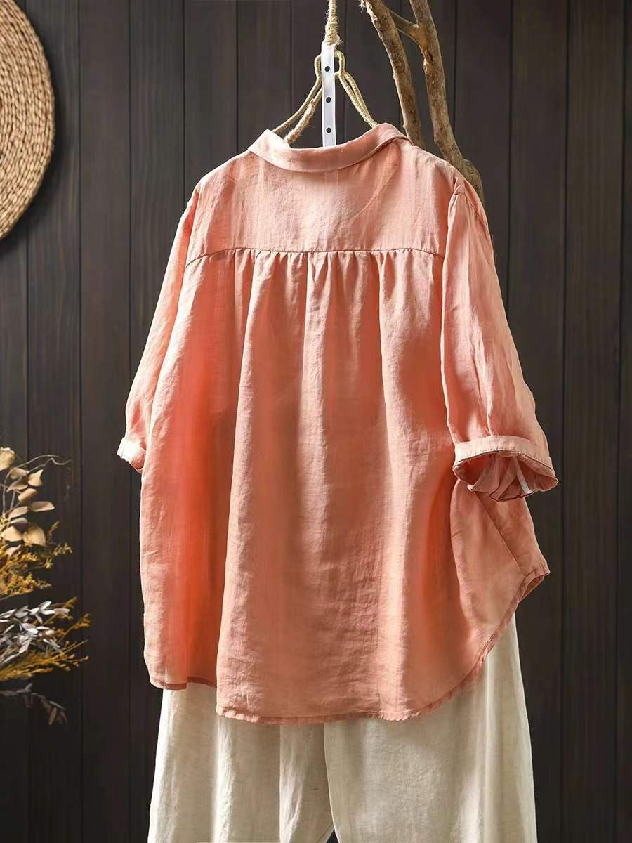 Women's Blouse - Artsy Flower Print, Turn-Down Collar, Half Raglan Sleeves - Brand Name - 5