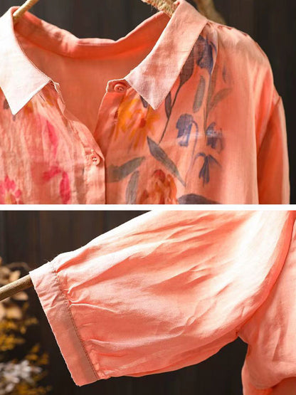 Women's Blouse - Artsy Flower Print, Turn-Down Collar, Half Raglan Sleeves - Brand Name - 6