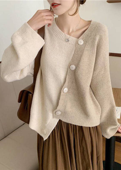 Women's Winter Sweater Beige Knit Asymmetrical Button - 1