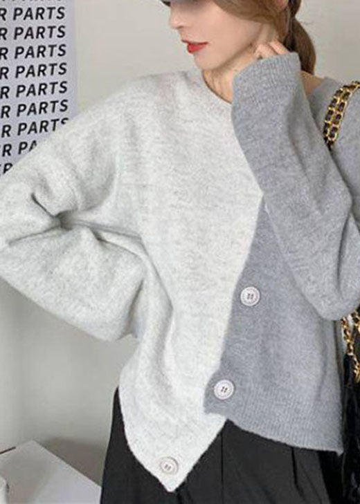 Women's Winter Sweater Beige Knit Asymmetrical Button - 2