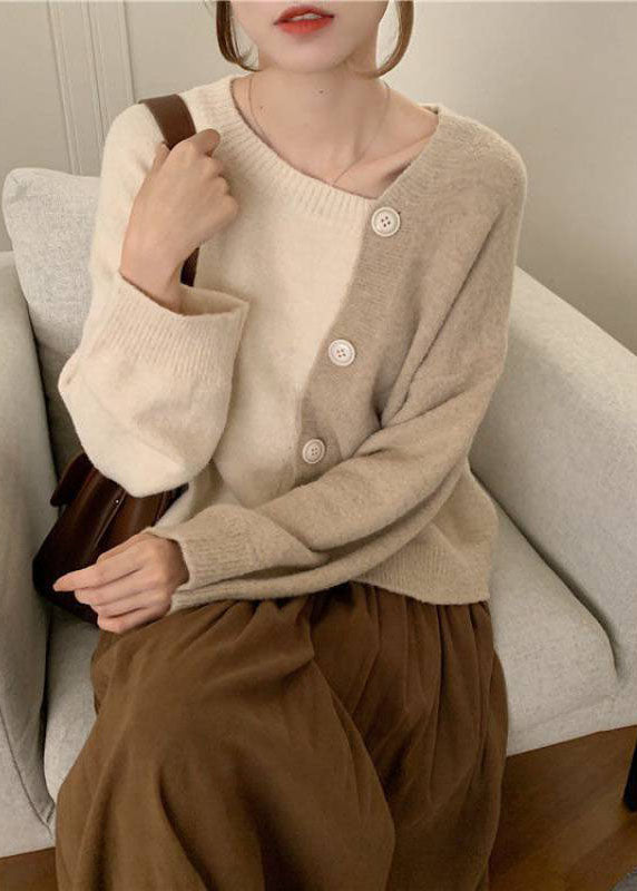 Women's Winter Sweater Beige Knit Asymmetrical Button - 3