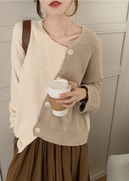 Women's Winter Sweater Beige Knit Asymmetrical Button - 4