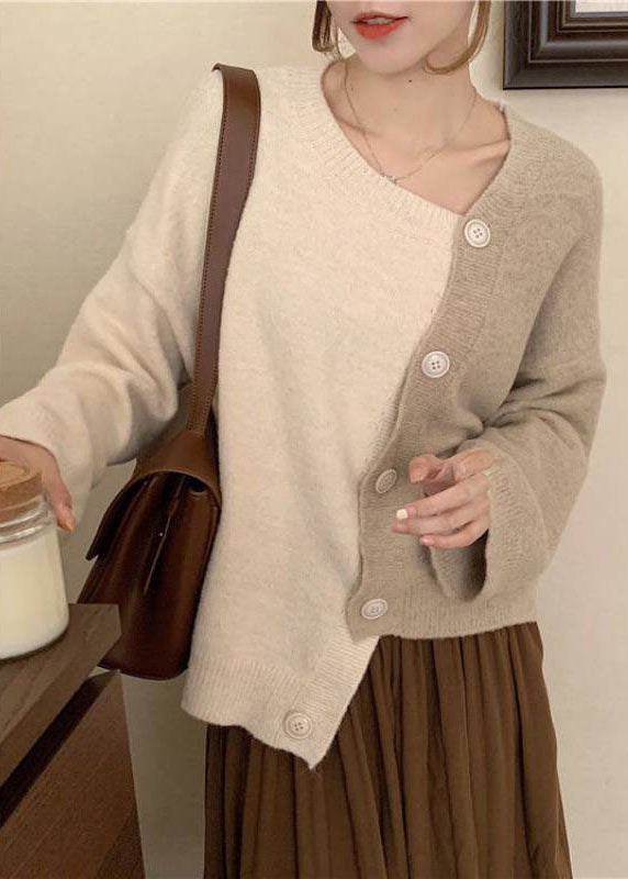 Women's Winter Sweater Beige Knit Asymmetrical Button - 5