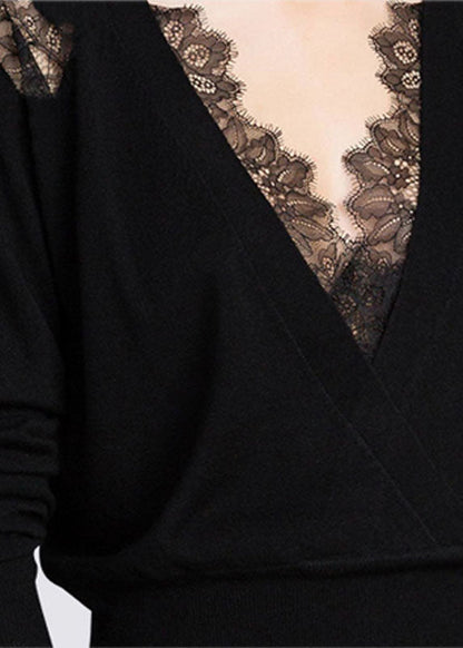 Women's Knitted Top Black Wool V Neck Lace - 3