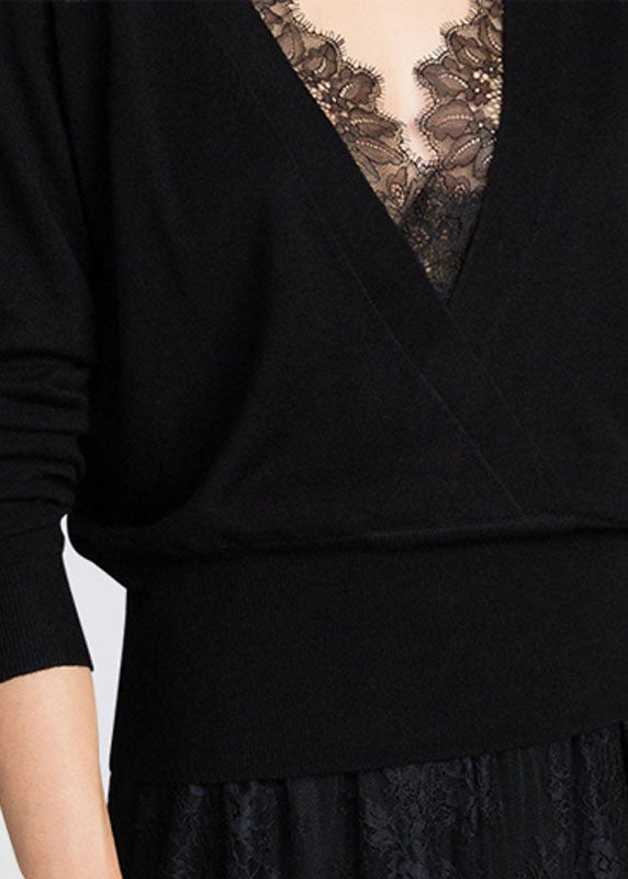 Women's Knitted Top Black Wool V Neck Lace - 4