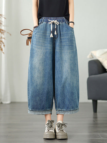 Women's Pants - Casual Denim Wide Leg Design, Elastic Waist, Ankle Length - Brand Name - 1