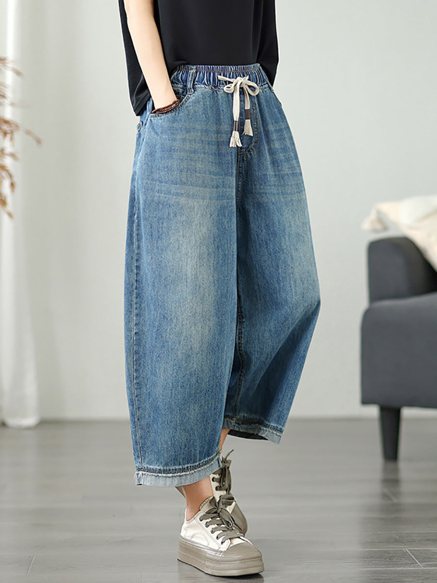 Women's Pants - Casual Denim Wide Leg Design, Elastic Waist, Ankle Length - Brand Name - 2