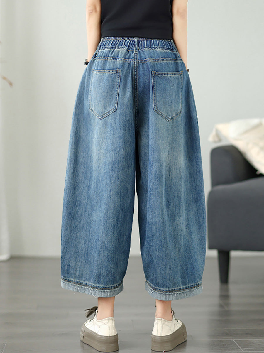 Women's Pants - Casual Denim Wide Leg Design, Elastic Waist, Ankle Length - Brand Name - 3