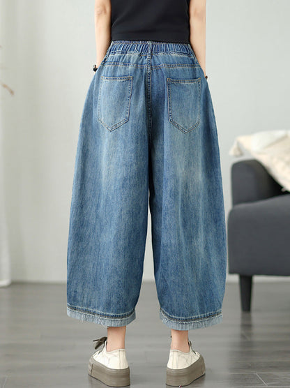 Women's Pants - Casual Denim Wide Leg Design, Elastic Waist, Ankle Length - Brand Name - 3