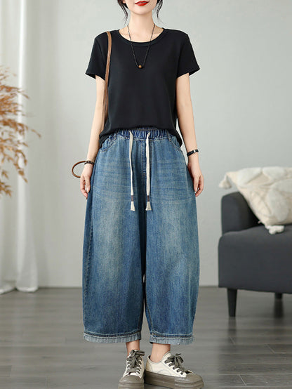 Women's Pants - Casual Denim Wide Leg Design, Elastic Waist, Ankle Length - Brand Name - 4