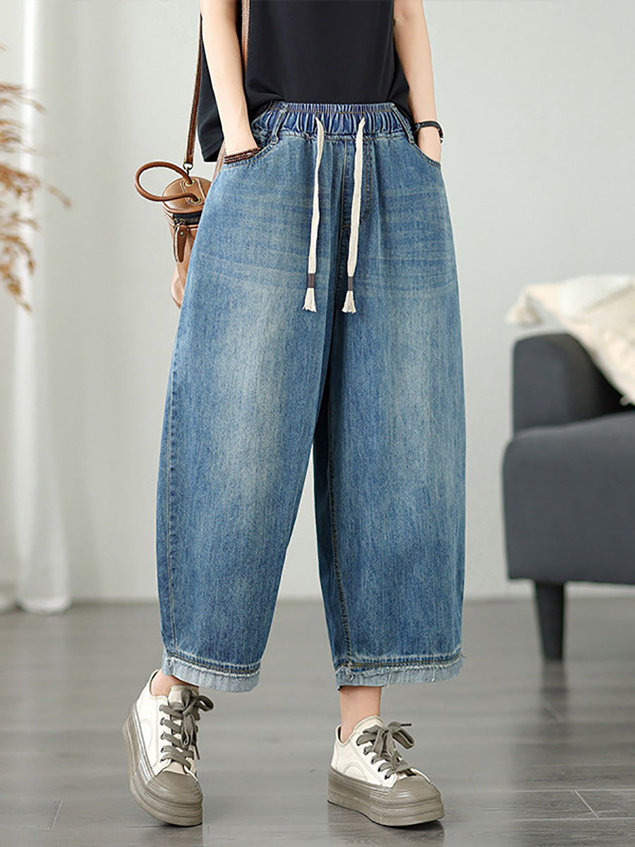 Women's Pants - Casual Denim Wide Leg Design, Elastic Waist, Ankle Length - Brand Name - 5