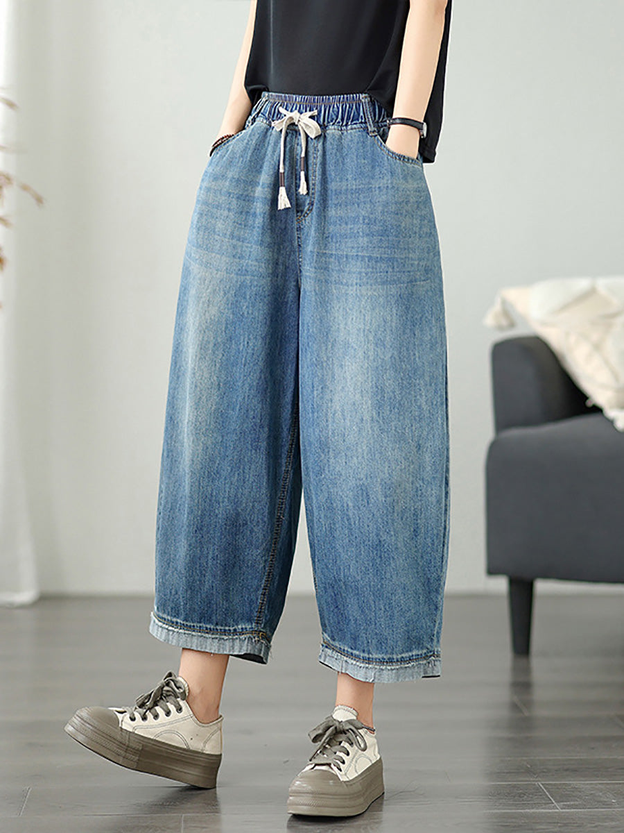 Women's Pants - Casual Denim Wide Leg Design, Elastic Waist, Ankle Length - Brand Name - 6