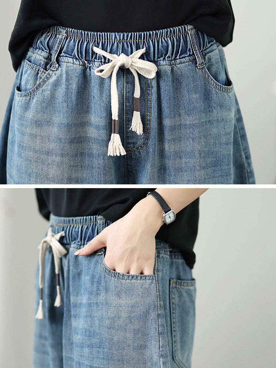 Women's Pants - Casual Denim Wide Leg Design, Elastic Waist, Ankle Length - Brand Name - 7