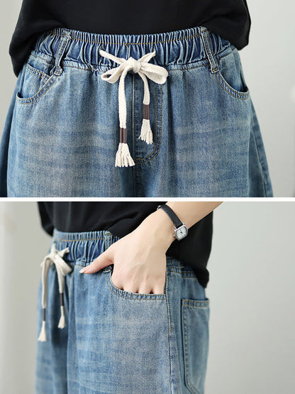 Women's Pants - Casual Denim Wide Leg Design, Elastic Waist, Ankle Length - Brand Name - 7