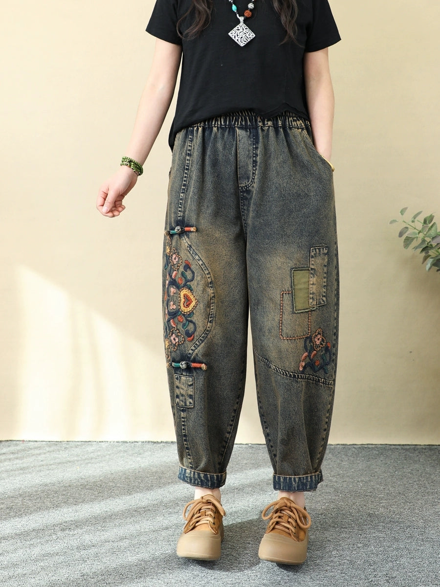 Harem Pants Women - Retro Denim With Flower Embroidery, Elastic Waist, Ankle-Length - Brand Name - 1