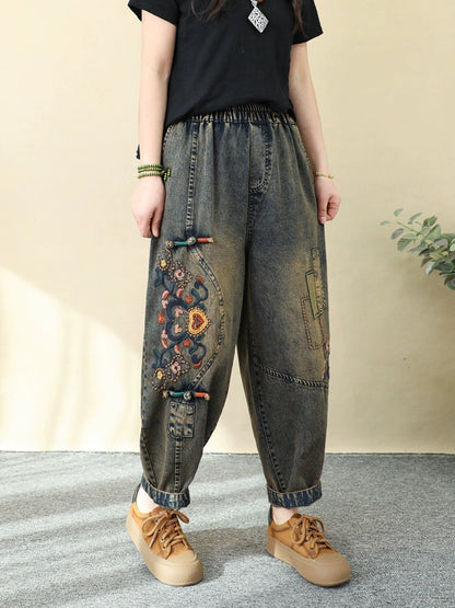 Harem Pants Women - Retro Denim With Flower Embroidery, Elastic Waist, Ankle-Length - Brand Name - 2