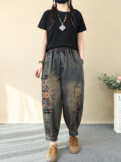 Harem Pants Women - Retro Denim With Flower Embroidery, Elastic Waist, Ankle-Length - Brand Name - 3