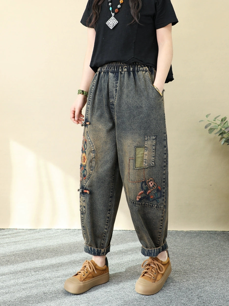 Harem Pants Women - Retro Denim With Flower Embroidery, Elastic Waist, Ankle-Length - Brand Name - 4
