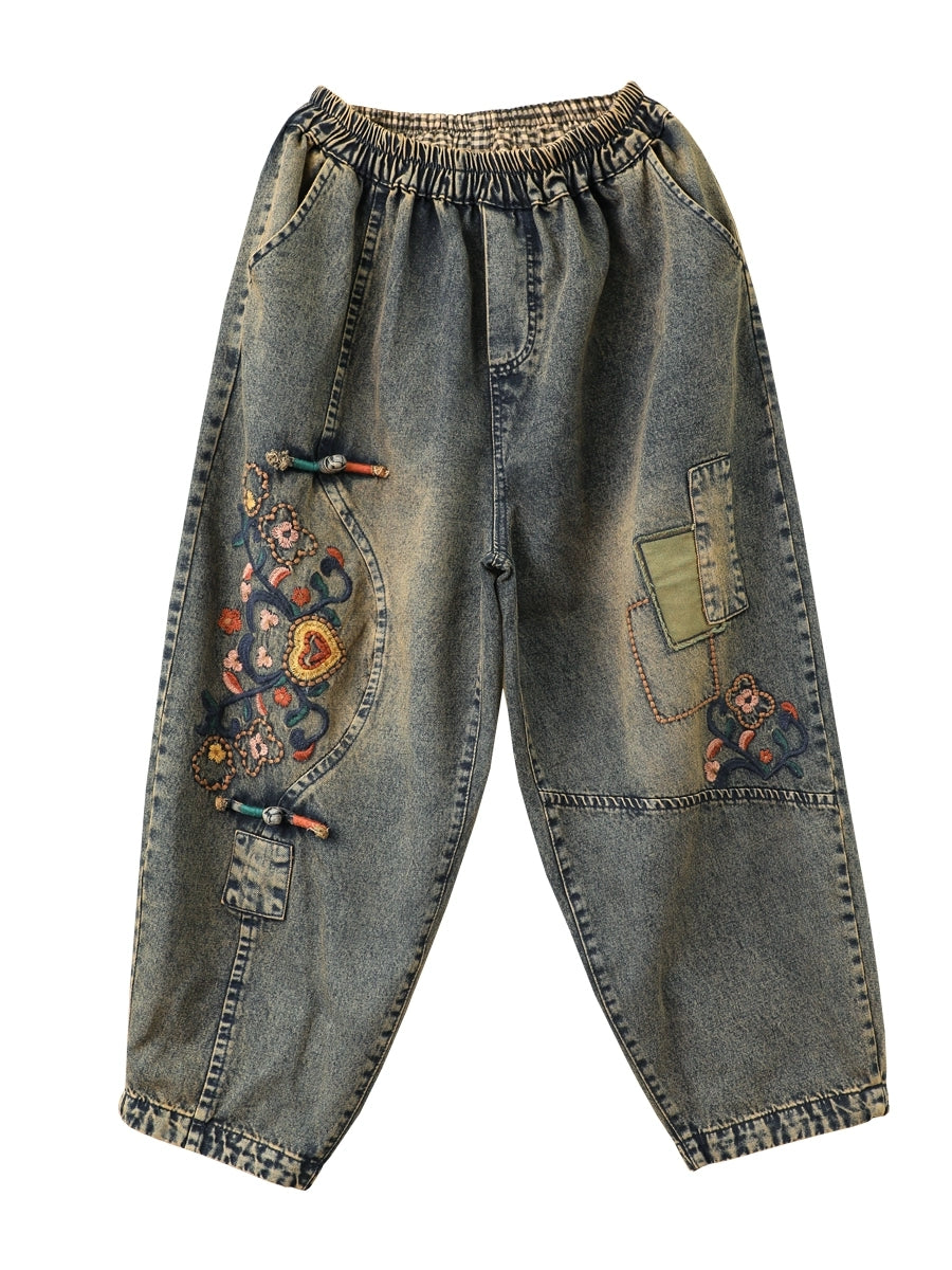 Harem Pants Women - Retro Denim With Flower Embroidery, Elastic Waist, Ankle-Length - Brand Name - 5