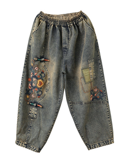 Harem Pants Women - Retro Denim With Flower Embroidery, Elastic Waist, Ankle-Length - Brand Name - 5